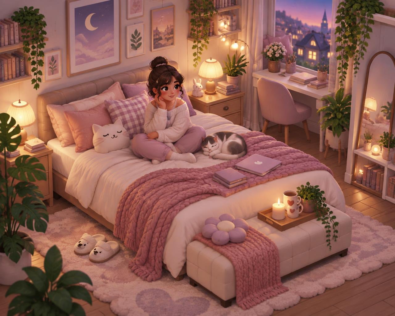 Avatar relaxing in her cozy virtual bedroom